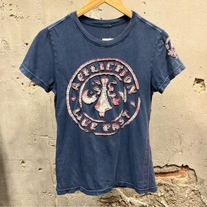 Affliction Blue Pink White Grunge Embroidered Patchwork Fitted Short Sleeve Tee